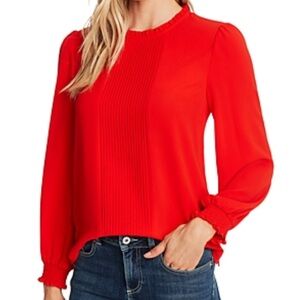 Cece - pintucked blouse with ruffled collar and smocked cuffs. NWT. Red. Medium
